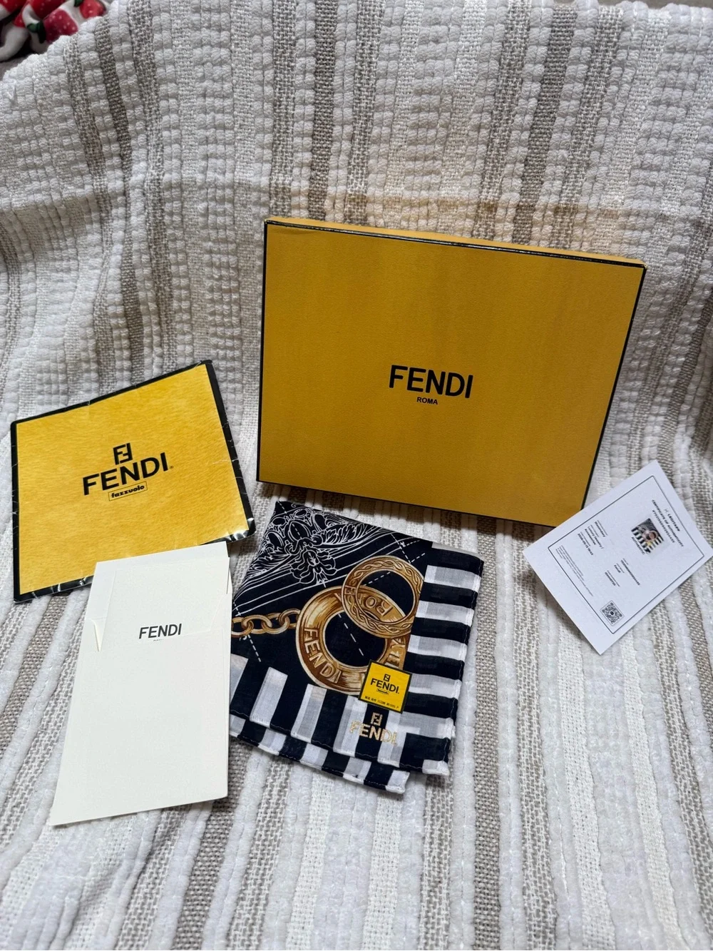 Fendi Black, White & Gold Chain-Print Silk Scarf